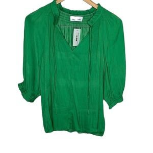New Three Pears Green Pleated Crinkle Tie Front Blouse Women Size S